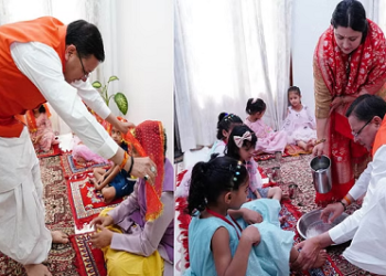 सीएम धामी ने पत्नी संग किया कन्या पूजन..